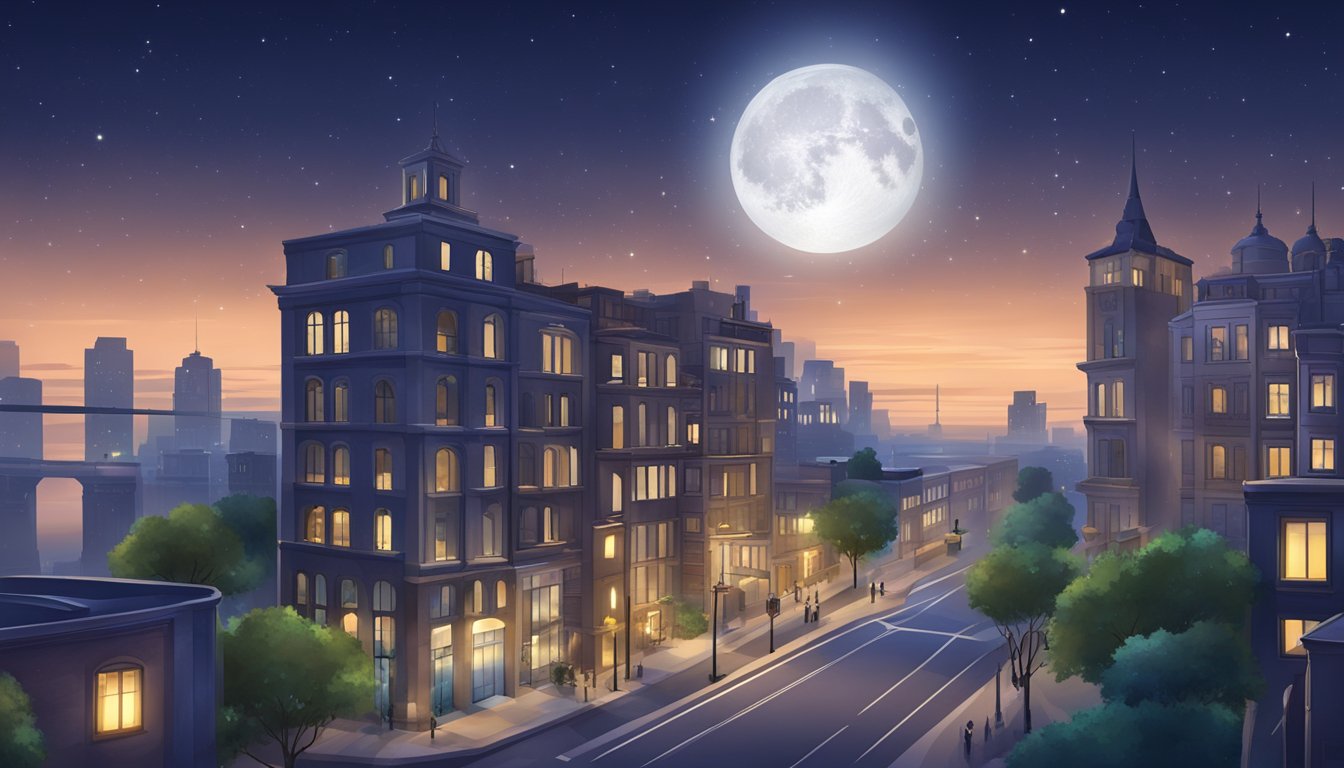 A serene nighttime cityscape with a clock showing midnight, a moonlit sky, and a peaceful atmosphere