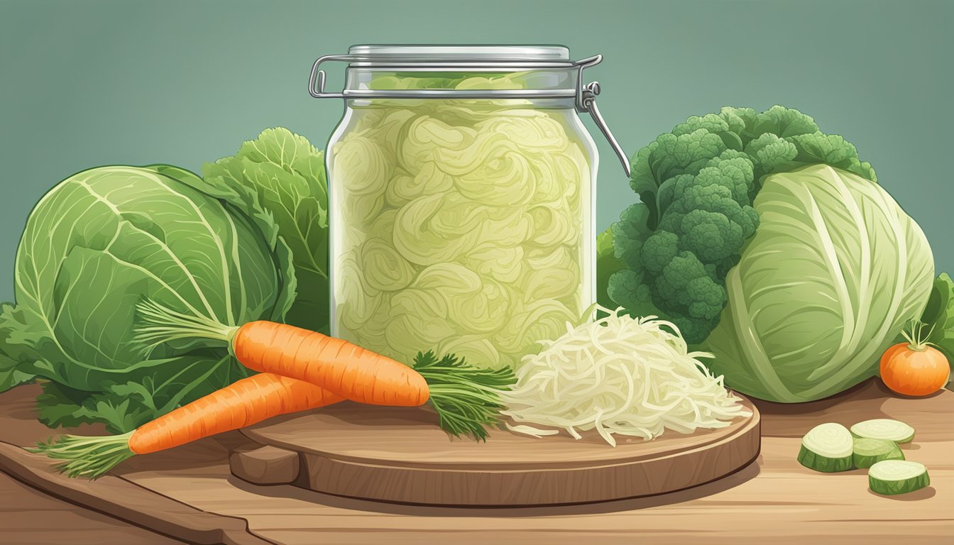 A jar of Eden Organic sauerkraut surrounded by fresh cabbage, carrots, and dill on a wooden cutting board