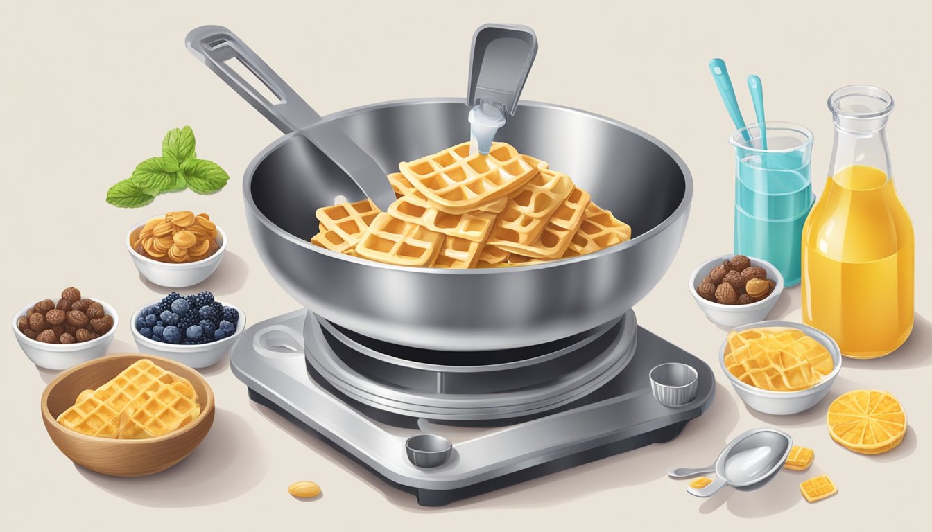 A measuring cup pouring liquid into a mixing bowl surrounded by various waffle ingredients and utensils