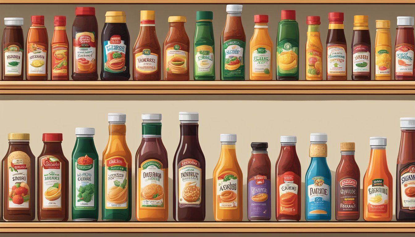 A display of various sauce bottles lined up on a shelf, with labels showcasing different brands and flavors