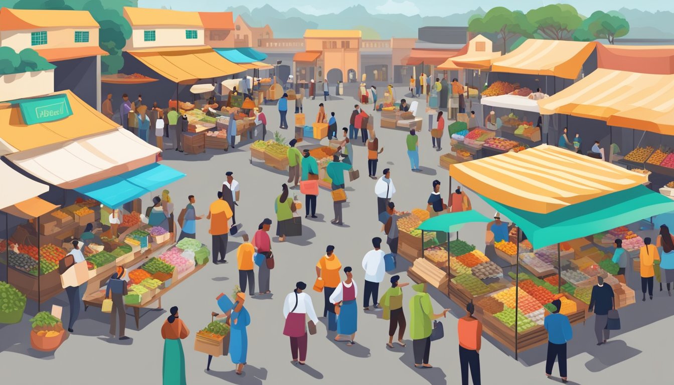 Et travelt marked med selgere som selger varer og promoterer virksomhetene sine til potensielle kunder