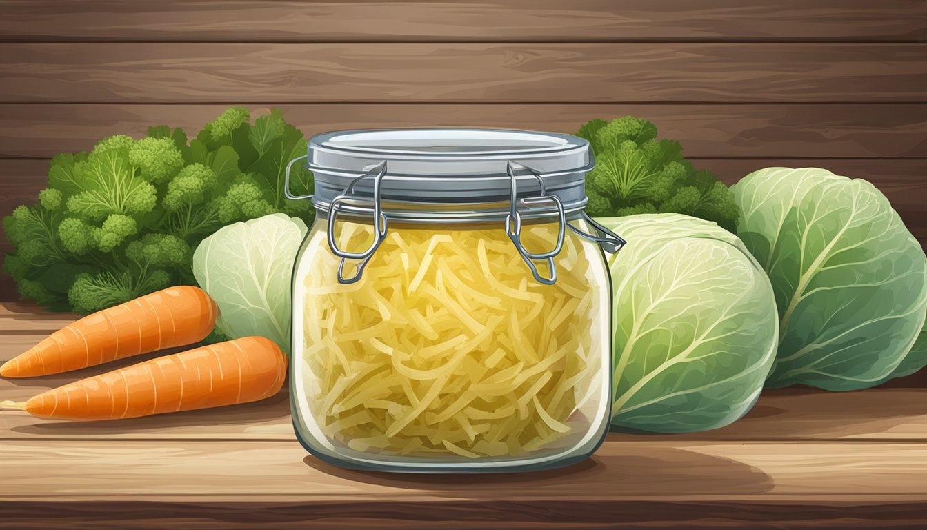 A glass jar of Eden Organic Sauerkraut sits on a rustic wooden table, surrounded by fresh cabbage, carrots, and dill