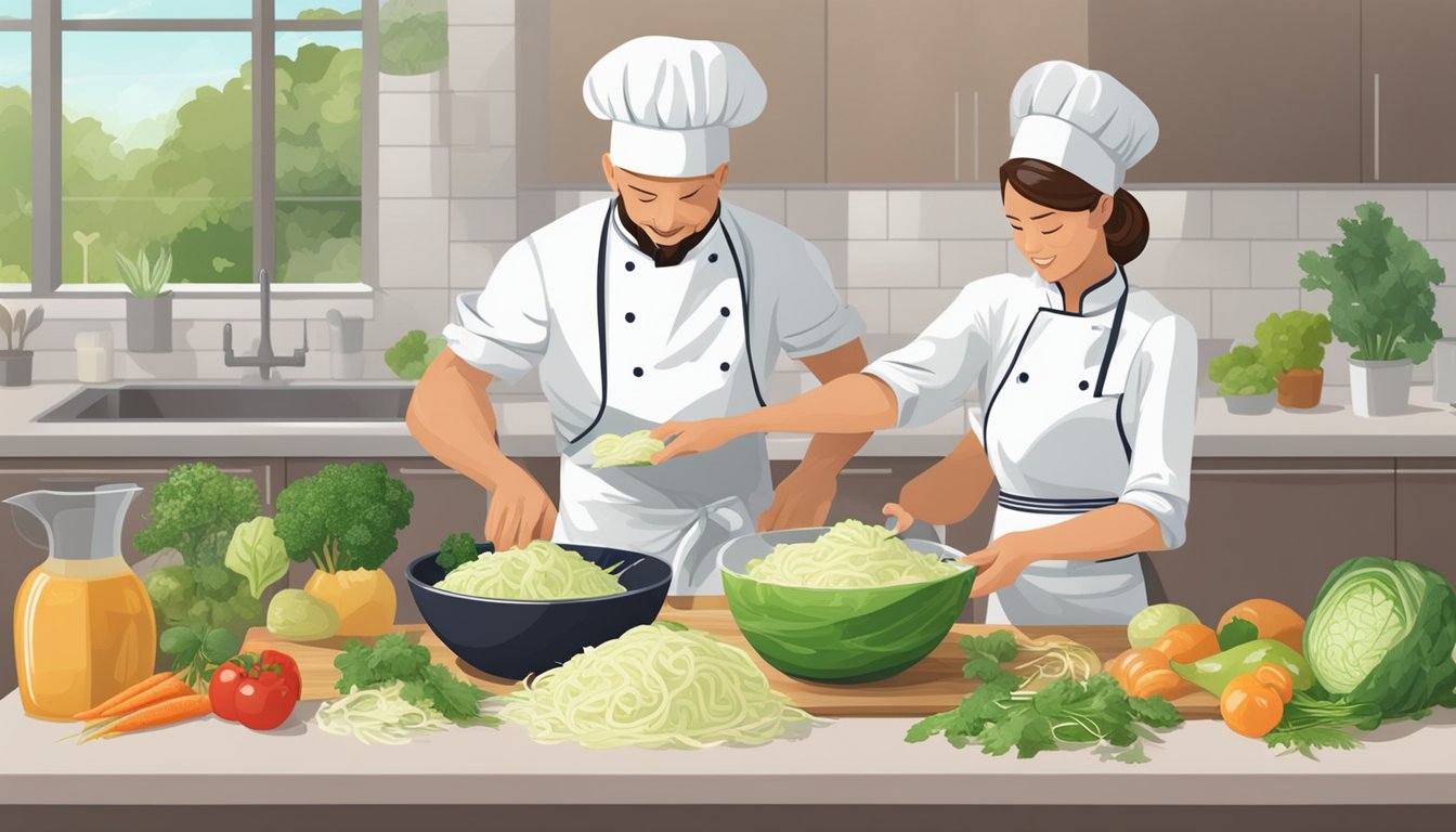 A chef mixing eden organic sauerkraut into a bowl of fresh ingredients for a flavorful and tangy addition to a dish