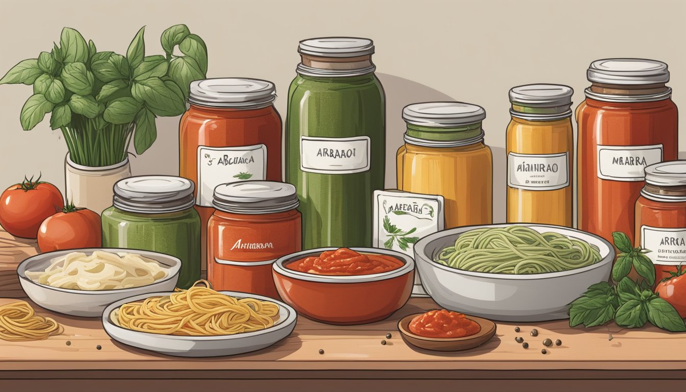 A variety of pasta sauces displayed on a kitchen counter, including jars of marinara, alfredo, pesto, and arrabbiata. Ingredients like tomatoes, garlic, and herbs are scattered around