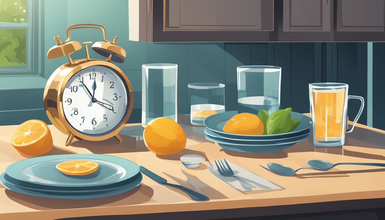 A dimly lit kitchen counter with a clock showing 7 PM, surrounded by empty plates and a glass of water