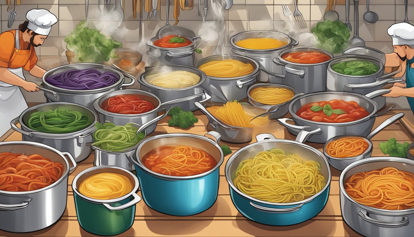 A bustling kitchen filled with various pots and pans simmering with colorful and aromatic pasta sauces. Chefs are busy experimenting with different ingredients and flavors, creating the future of pasta sauce innovations