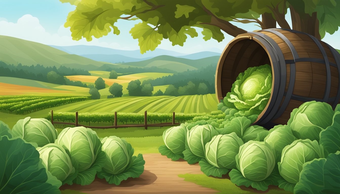 A rustic wooden barrel overflowing with freshly harvested cabbage, surrounded by a lush green farm landscape