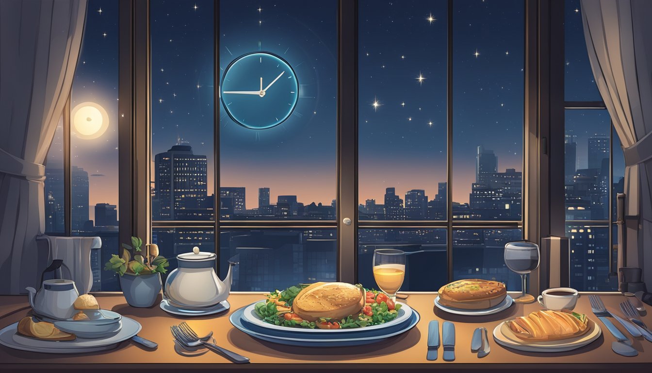 A serene nighttime cityscape with a clock striking midnight, a moonlit sky, and a table set with a balanced meal and a clock showing 12 hours