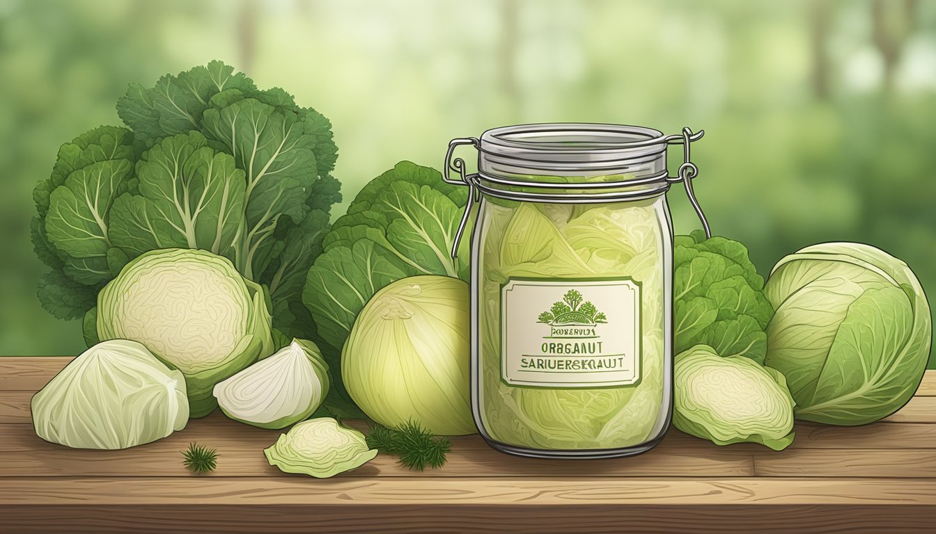 A jar of Eden organic sauerkraut sits on a rustic wooden table, surrounded by fresh cabbage, dill, and other natural ingredients