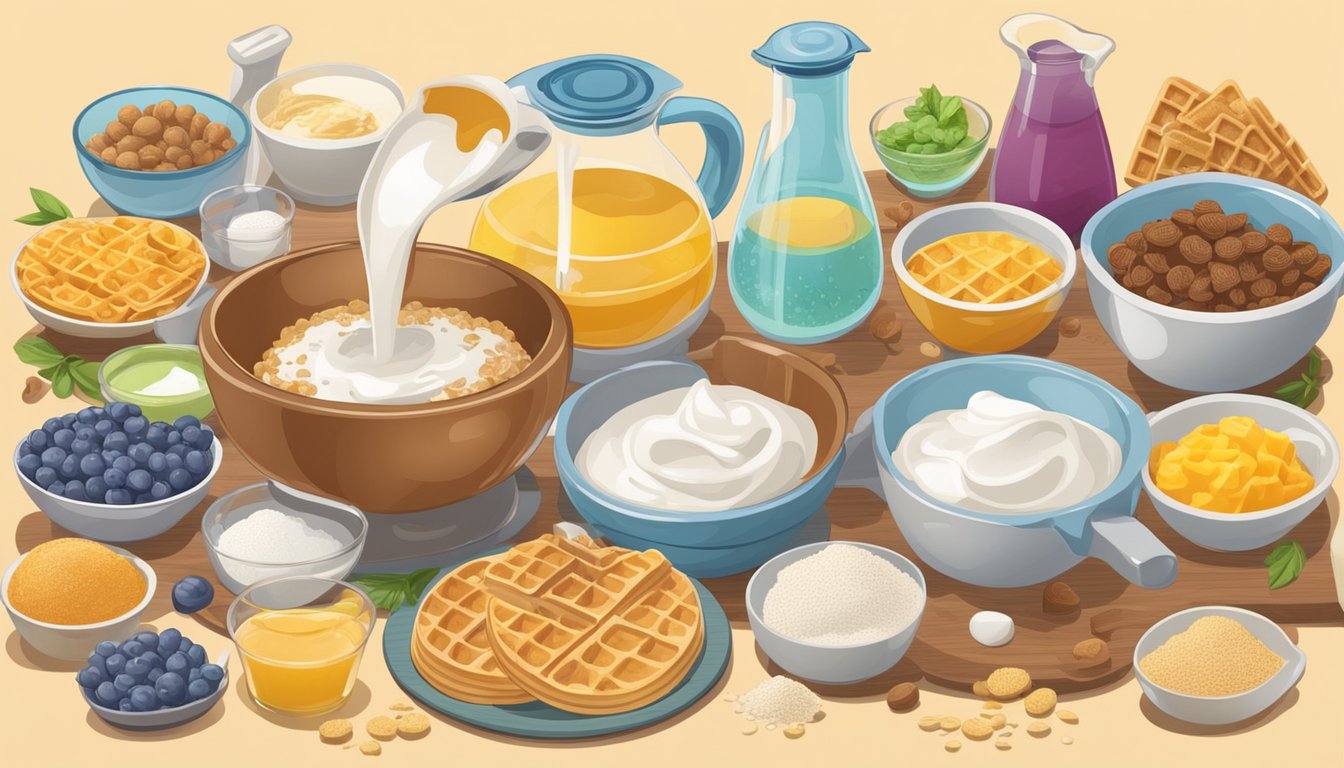 A measuring cup pouring liquid into a mixing bowl surrounded by various ingredients for waffle fillings