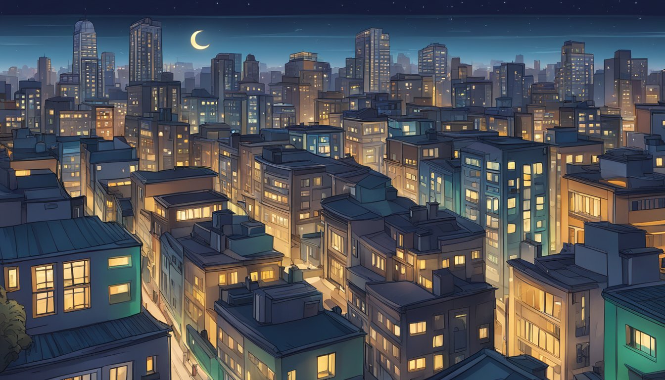 A nocturnal cityscape with illuminated buildings and a crescent moon in the sky, showcasing the bustling nightlife of the "Night Owl" lifestyle