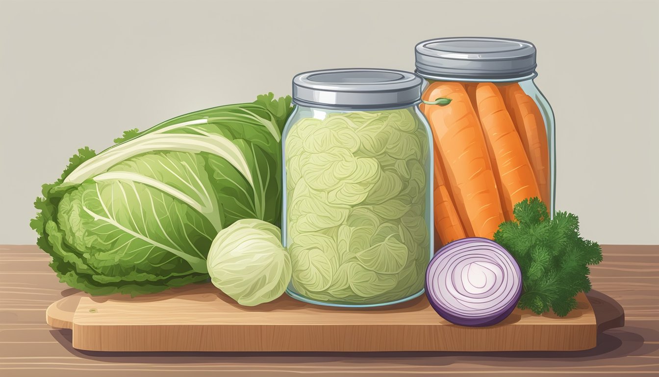 A jar of Eden organic sauerkraut surrounded by fresh cabbage, carrots, and dill on a wooden cutting board