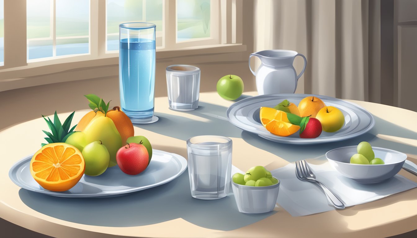 A table set with a clock showing 6 am, a plate of fruits, and a glass of water. No food or drink outside the designated 12-hour fasting window