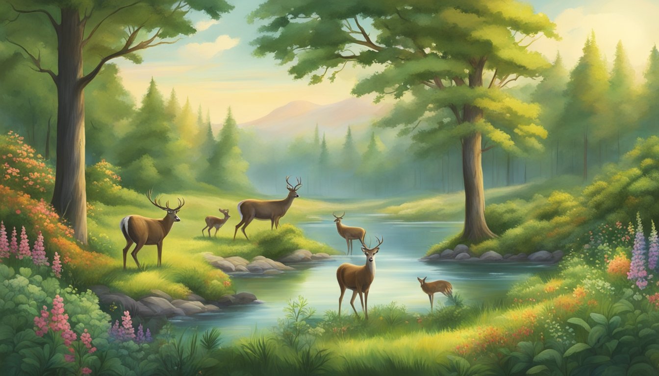 A lush green landscape with a flowing river, surrounded by vibrant wildflowers and tall trees. A group of animals, including deer and birds, are peacefully coexisting in the natural habitat