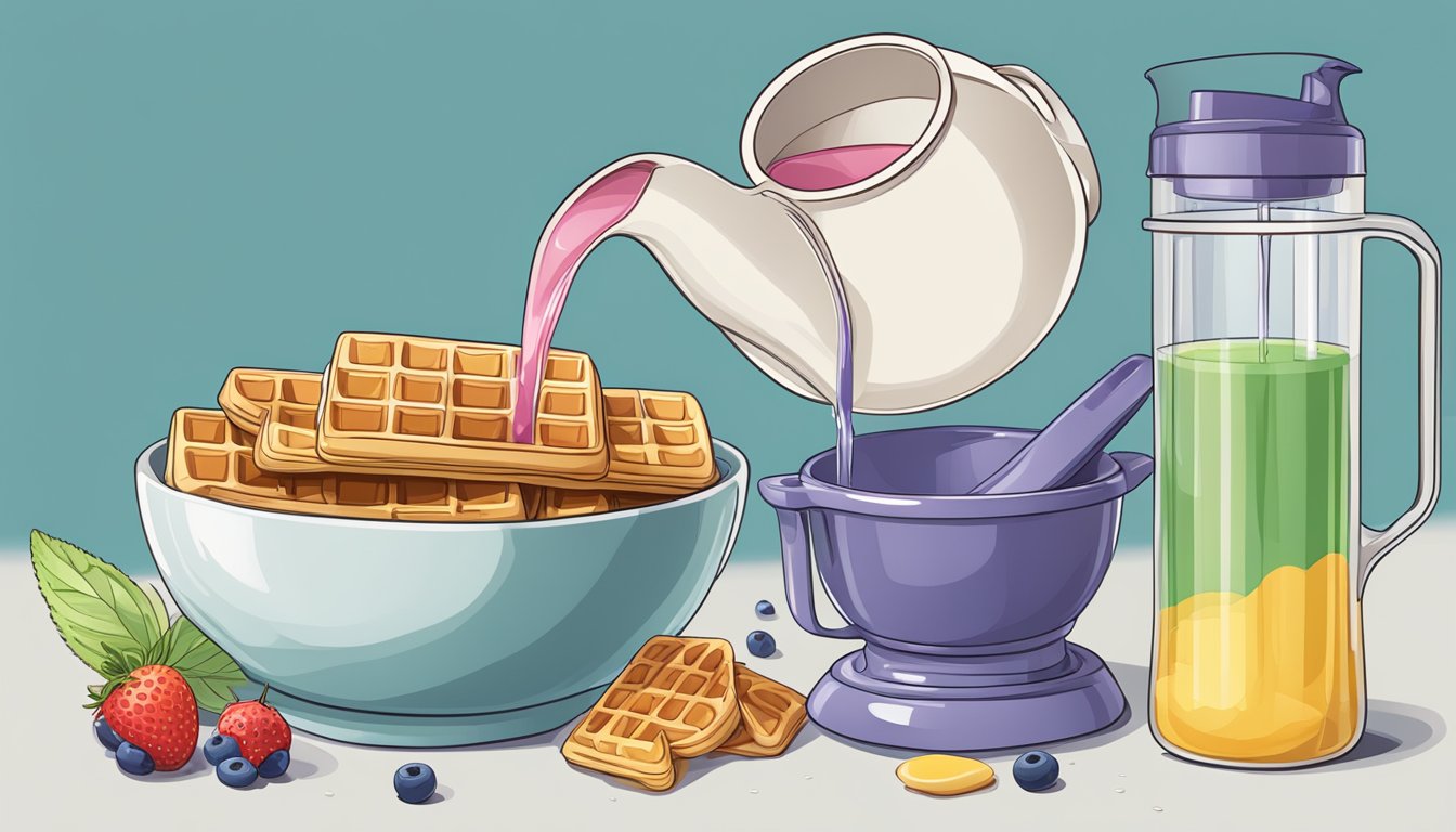 A measuring cup pouring liquid into a mixing bowl, with waffle ingredients nearby