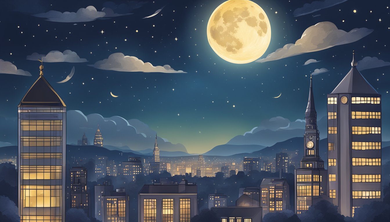 A serene night sky over a city, with a clock showing 12 hours, a moon, and a person peacefully fasting