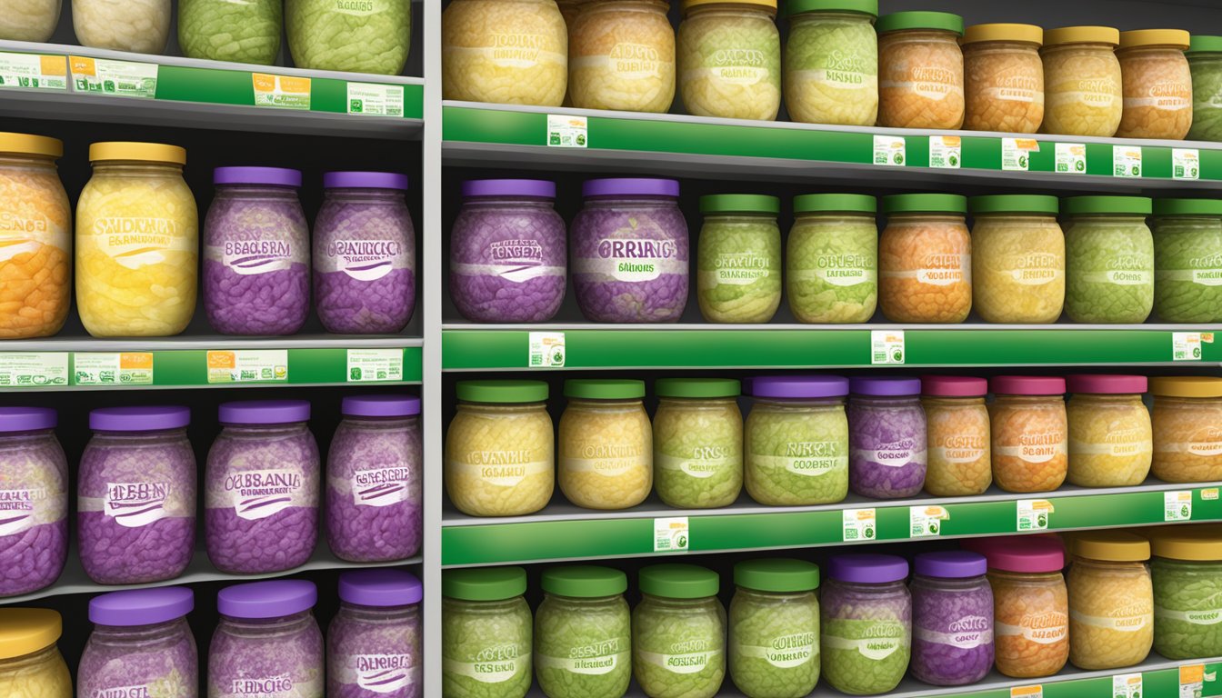 A display of Eden Organic sauerkraut jars on a grocery store shelf