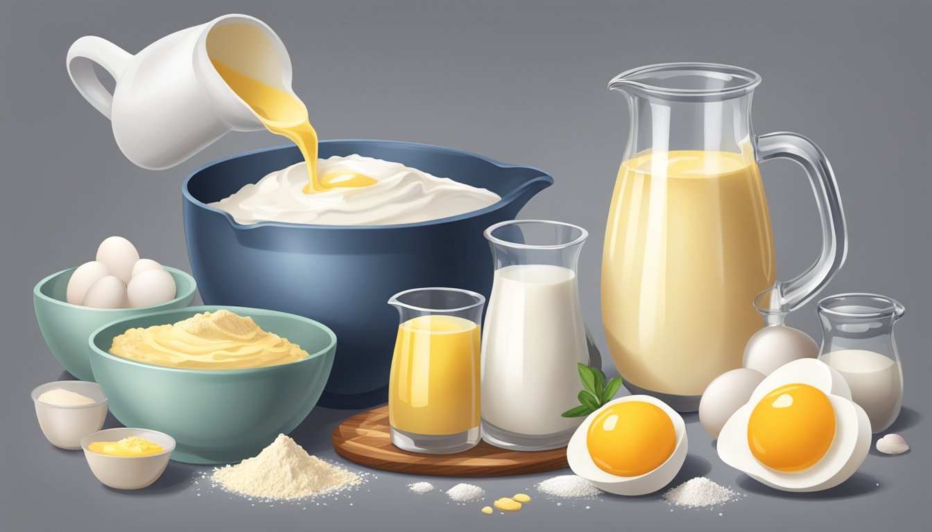 A measuring cup pouring milk into a mixing bowl with flour and eggs, surrounded by various ingredients like vanilla extract and melted butter