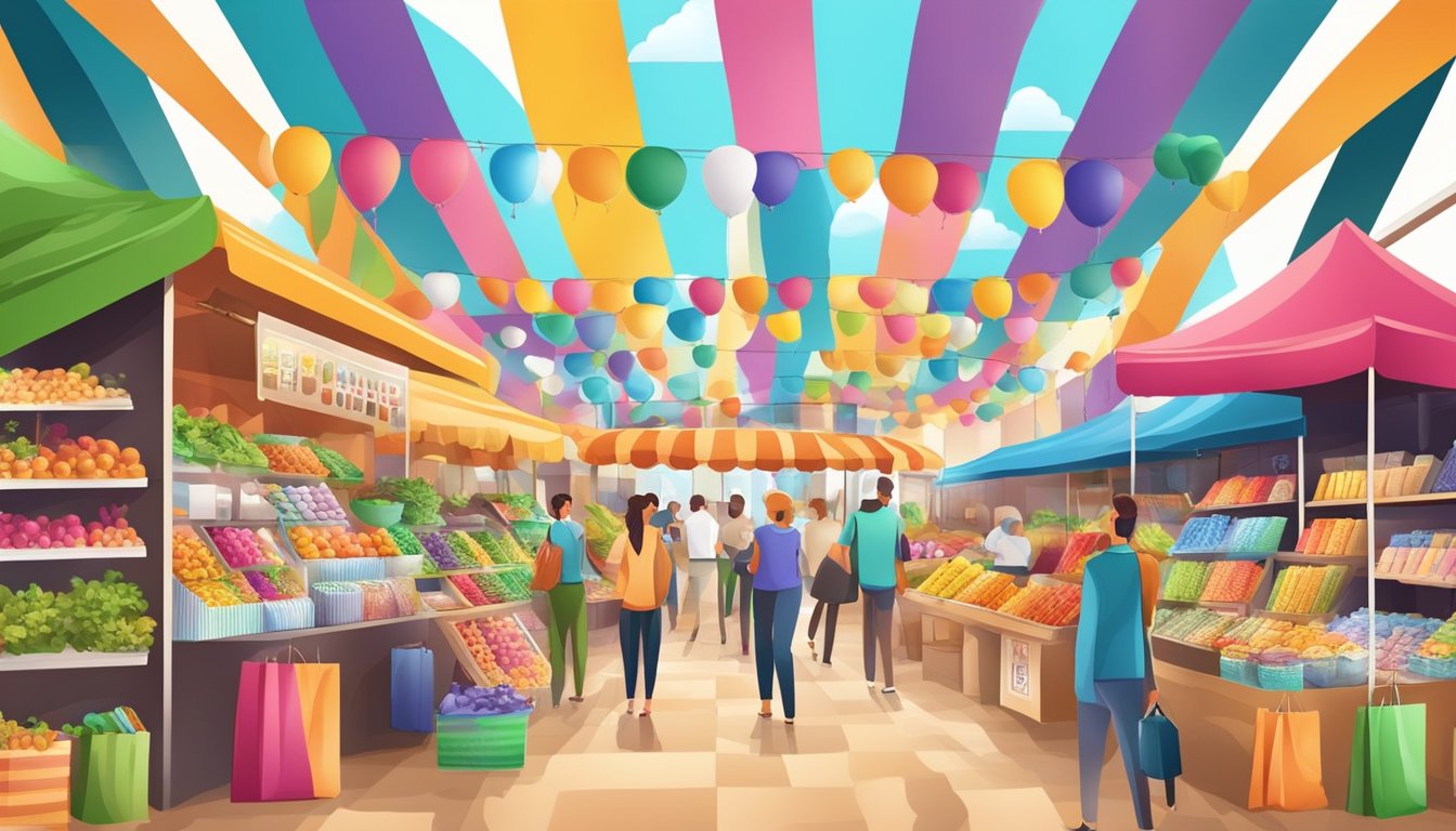 Et livlig marked med ulike produkter utstilt, omgitt av fargerike reklameplakater og annonser