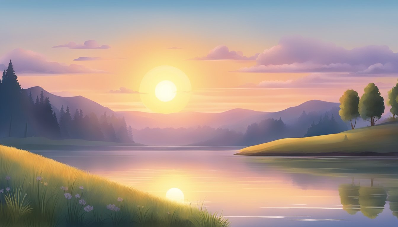 A serene sunrise over a tranquil landscape with a clock showing the early morning hour of 6 am