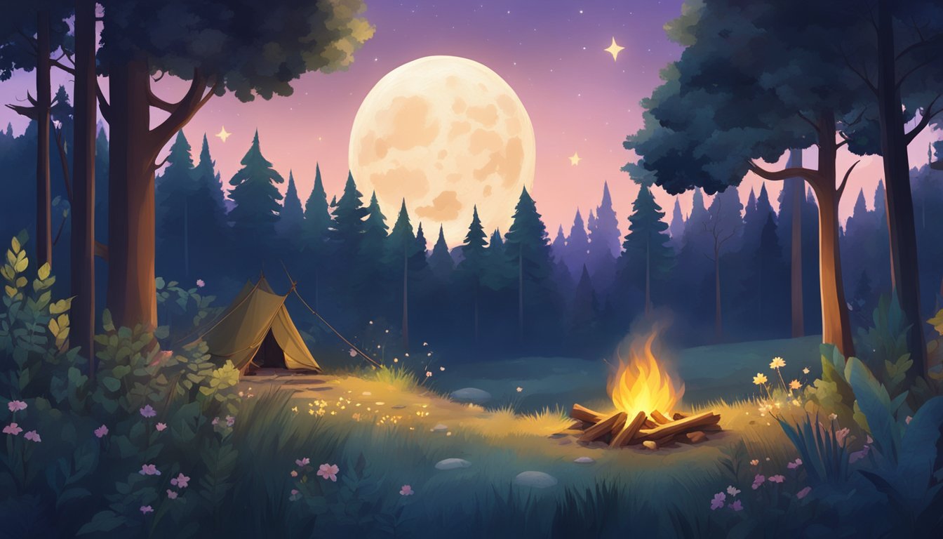 A serene forest clearing at dusk, with a glowing moon and stars above, and a small campfire surrounded by various plants and herbs