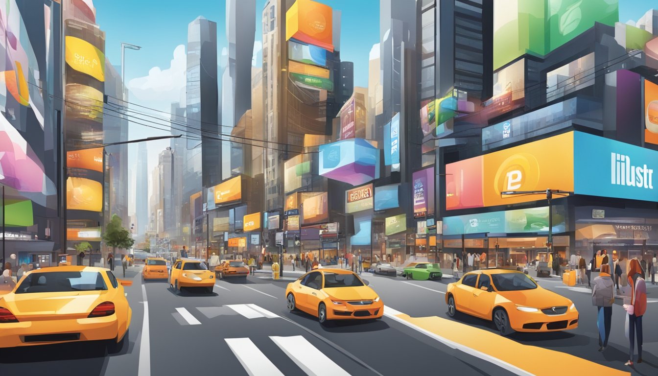 En travel bygate med fargerike reklameskilt og annonseutstillinger som viser ulike markedsføringsinitiativer og strategier