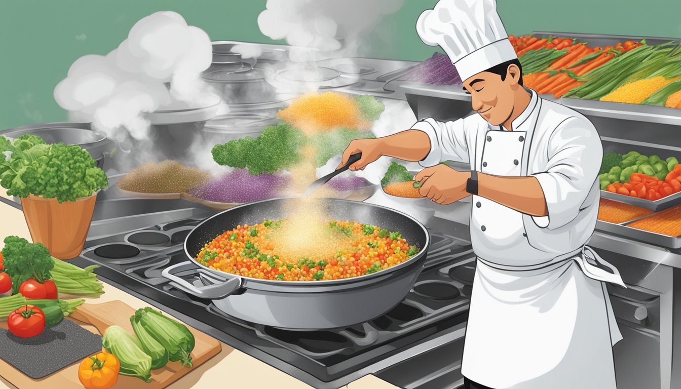 A chef sprinkles Sotini seasoning onto a sizzling pan of vegetables, releasing a fragrant aroma