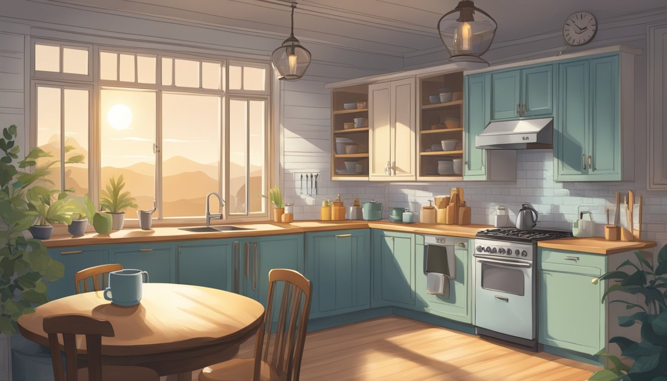 A serene morning scene with a clock showing 6 AM, a closed kitchen with no food, and a person happily sipping on a glass of water