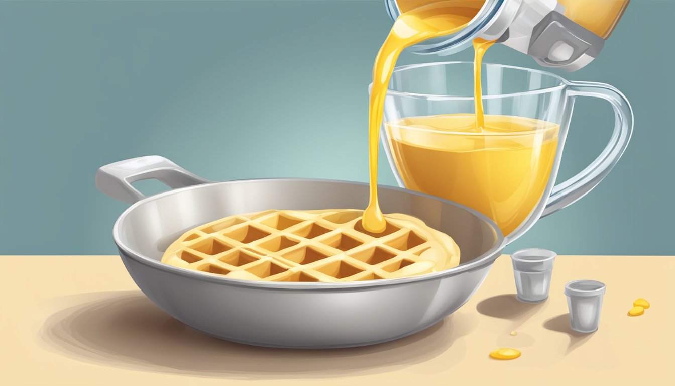 A measuring cup pouring liquid into a bowl of waffle batter