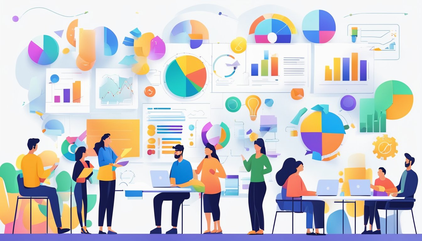 En gruppe mennesker som brainstormer og samarbeider om utvikling av et kreativt produkt og markedsføringsstrategi, omringet av fargerike diagrammer og innovative designkonsepter.
