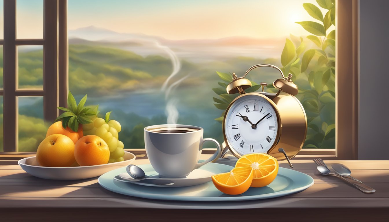 A serene morning landscape with a clock showing 6:00 am, a steaming cup of coffee, and a plate of fresh fruit on a table