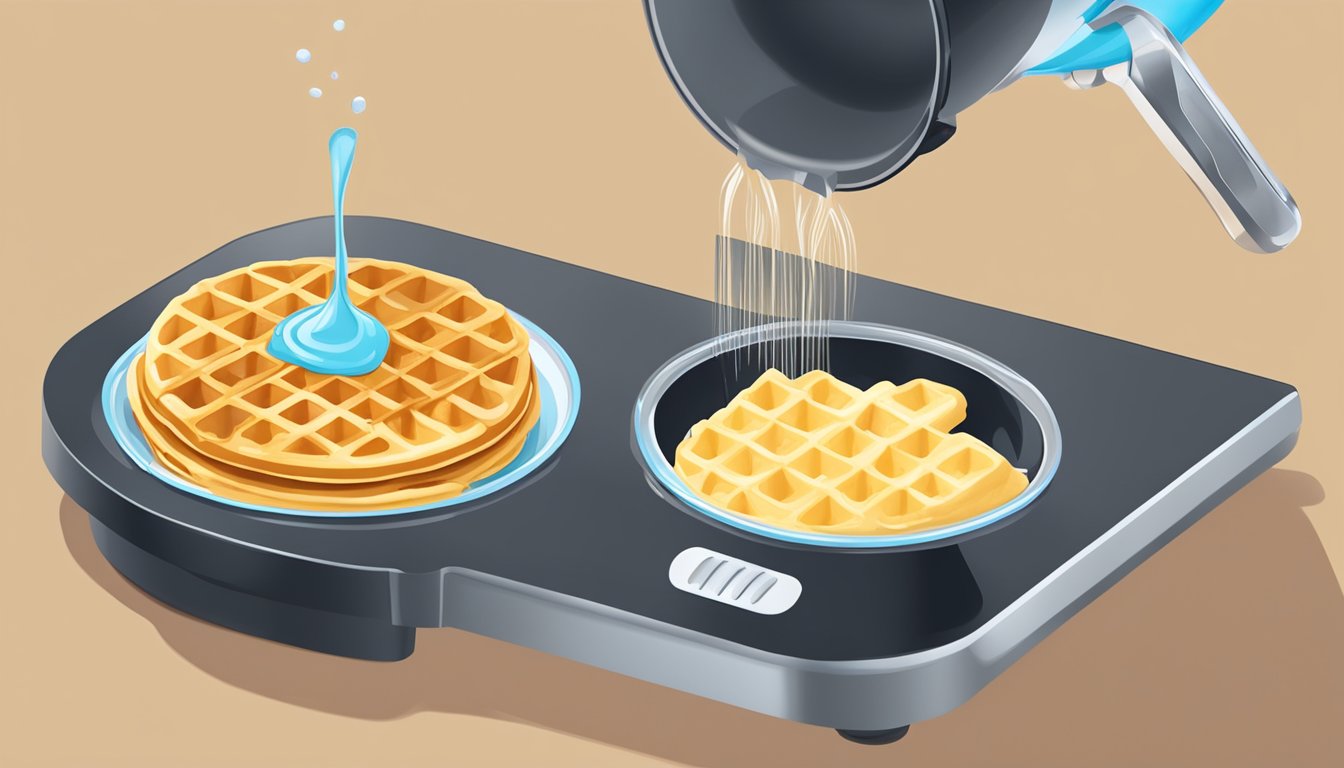 A measuring cup pouring liquid batter into a waffle iron