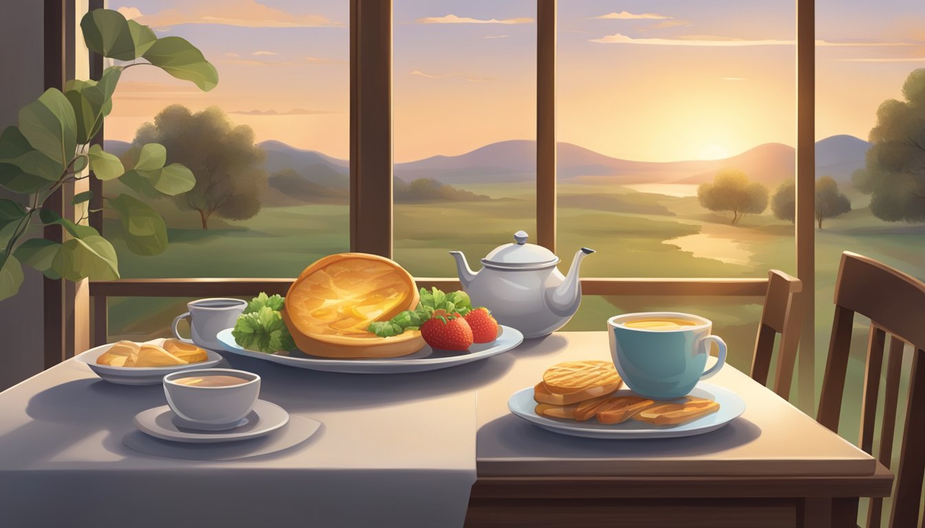 A serene morning landscape with a sunrise, a clock showing the early hours, and a table set for breakfast with untouched food