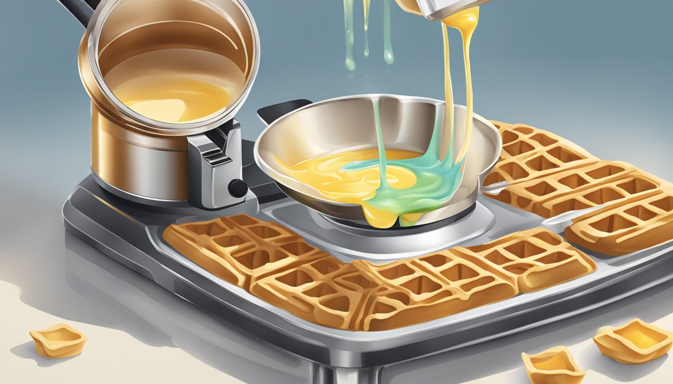 A measuring cup pouring liquid batter into a waffle iron