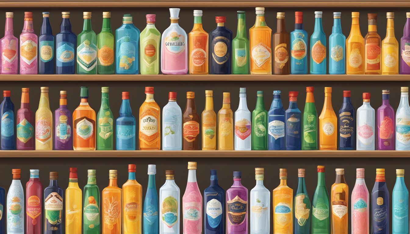 A shelf filled with colorful bottles of various sotini brands, each adorned with unique labels and designs