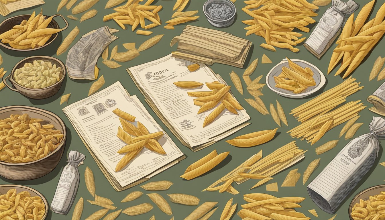 A table filled with various types of penne pasta, surrounded by vintage pasta packaging and historical documents