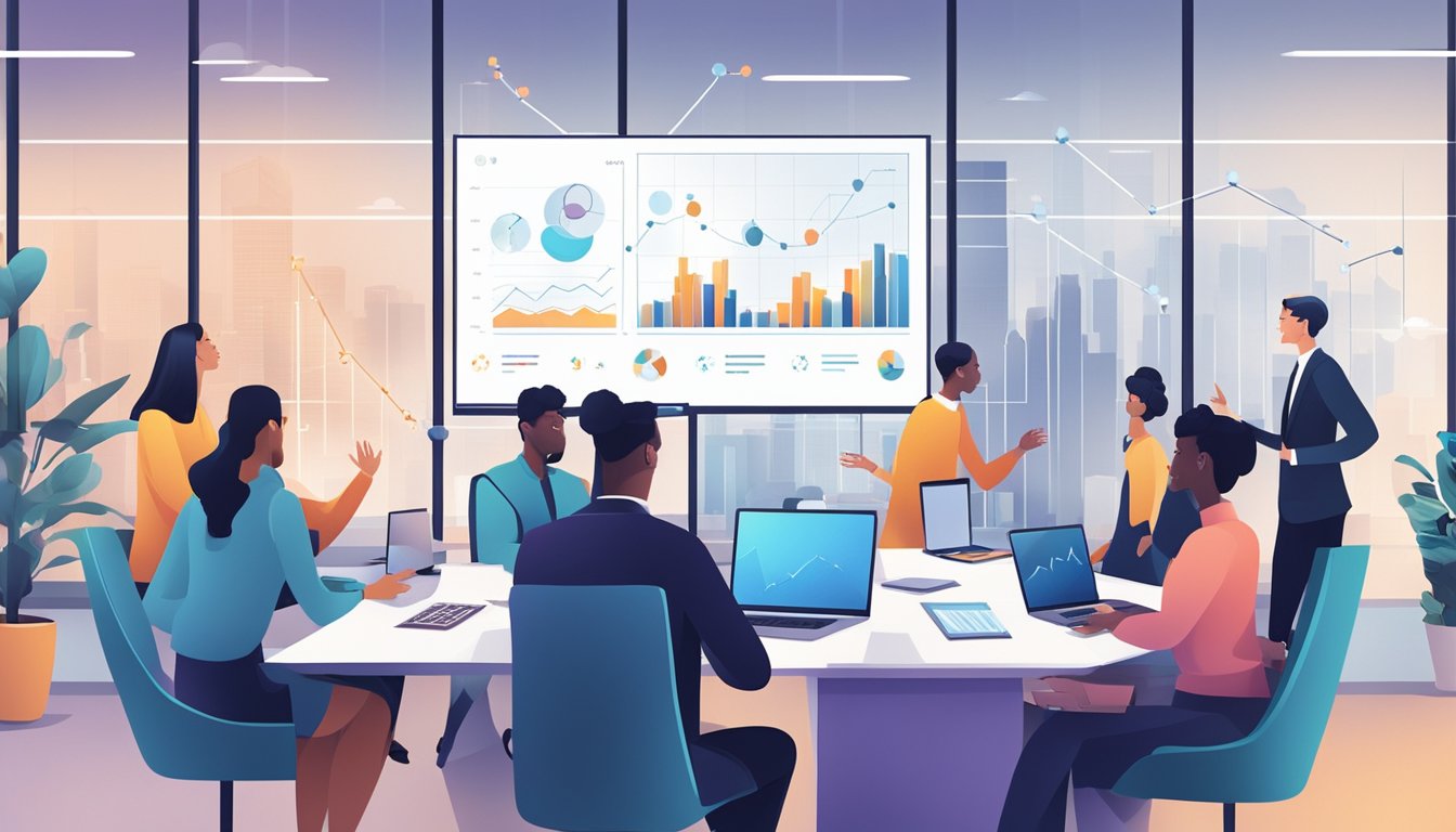 En gruppe mangfoldige mennesker som diskuterer finansielle strategier i et moderne kontormiljø med diagrammer og grafer på en stor skjerm