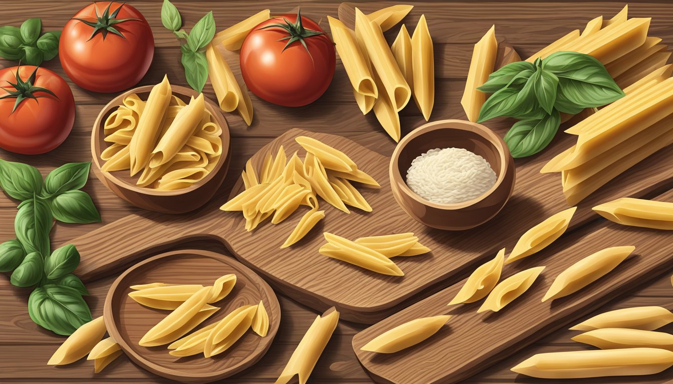 A variety of penne pasta brands arranged on a wooden cutting board, with some loose penne scattered around and a few whole tomatoes in the background