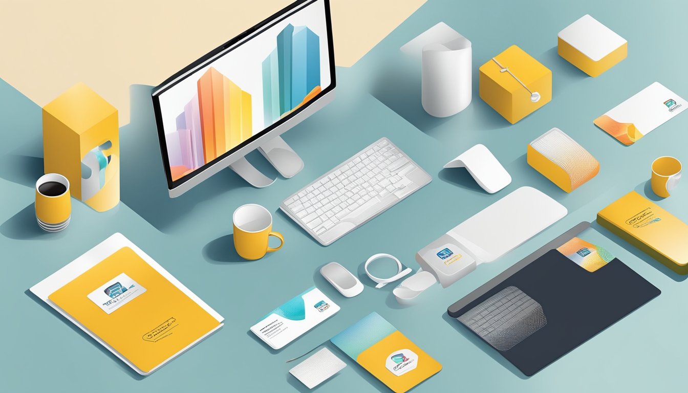 En logo som vises tydelig på ulike produkter og markedsføringsmaterialer, som visittkort, bannere og digitale skjermer, for å bygge merkeidentitet og fremme markedsføringsinitiativer.