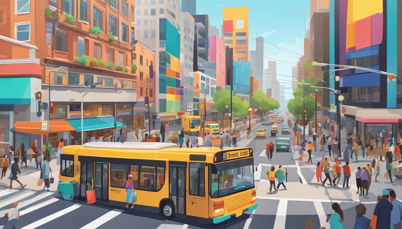 En travel bygate med fargerike reklameplakater og livlige butikker. Fotgjengere går forbi, mens biler og busser navigerer gjennom det travle krysset.