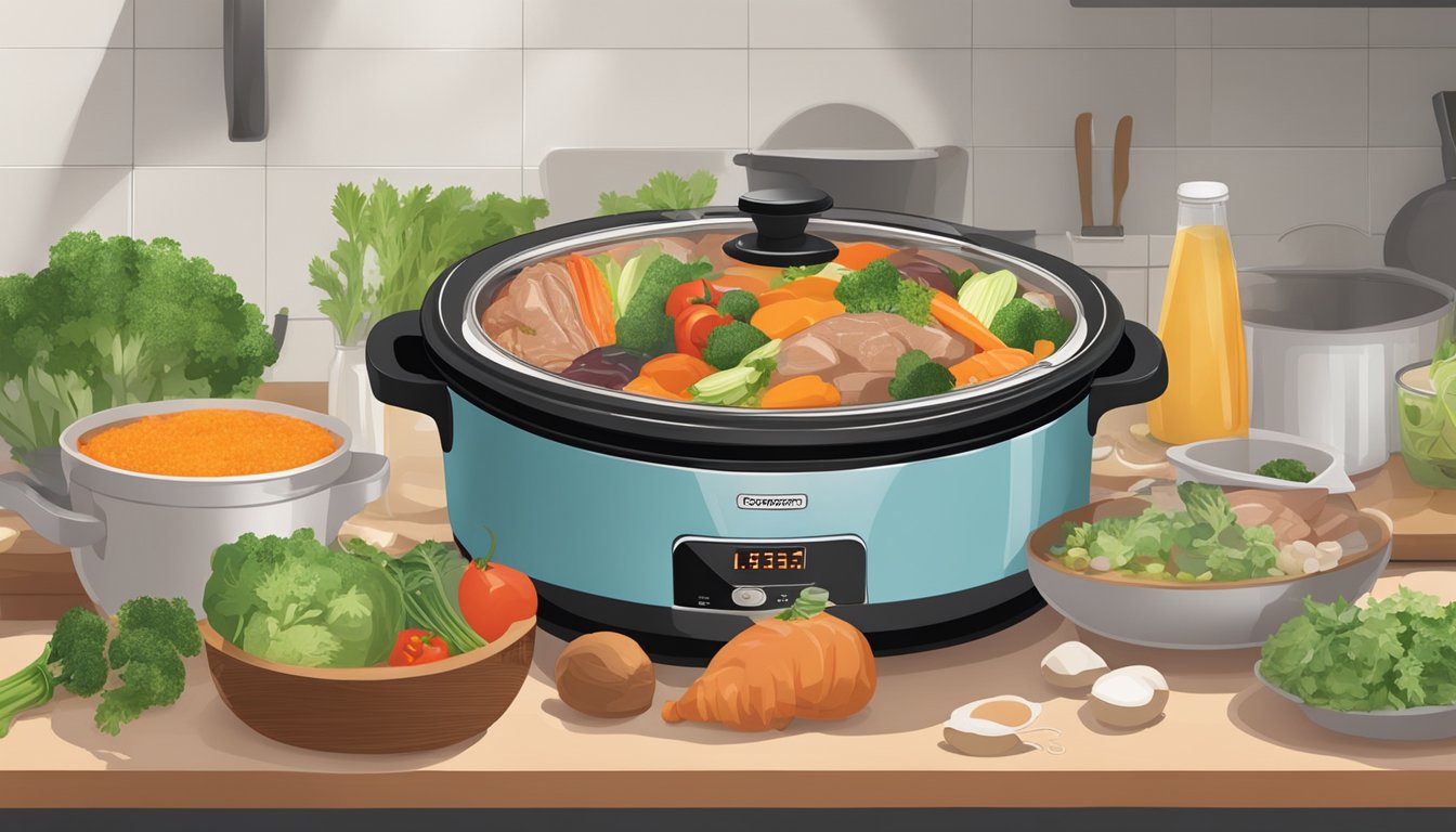 A slow cooker filled with ingredients, with a measuring cup pouring liquid into the pot. Ingredients such as vegetables, meat, and herbs are visible