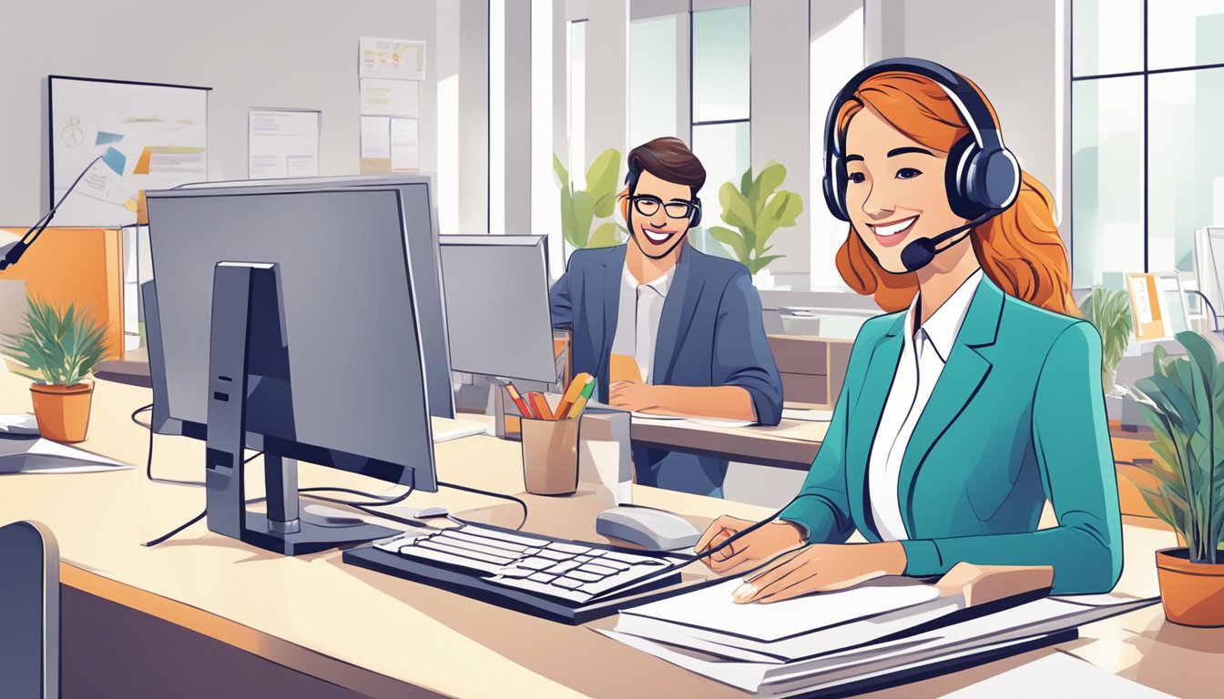 En kundeservicerepresentant smilende og hjelper en kunde med en produktforespørsel i et lyst og moderne kontormiljø