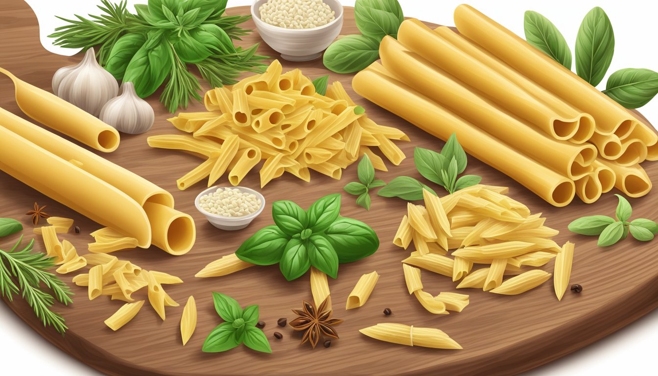 A variety of penne pasta brands arranged on a wooden cutting board with scattered herbs and spices