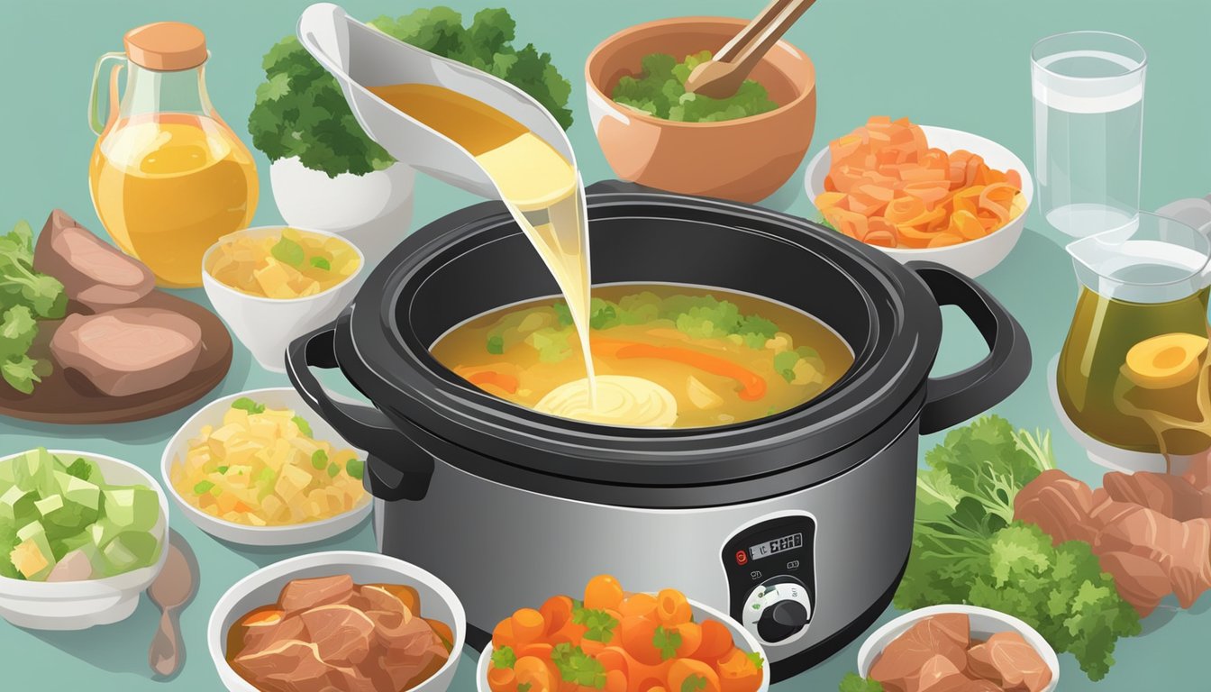 A measuring cup pouring broth into a slow cooker filled with vegetables and meat