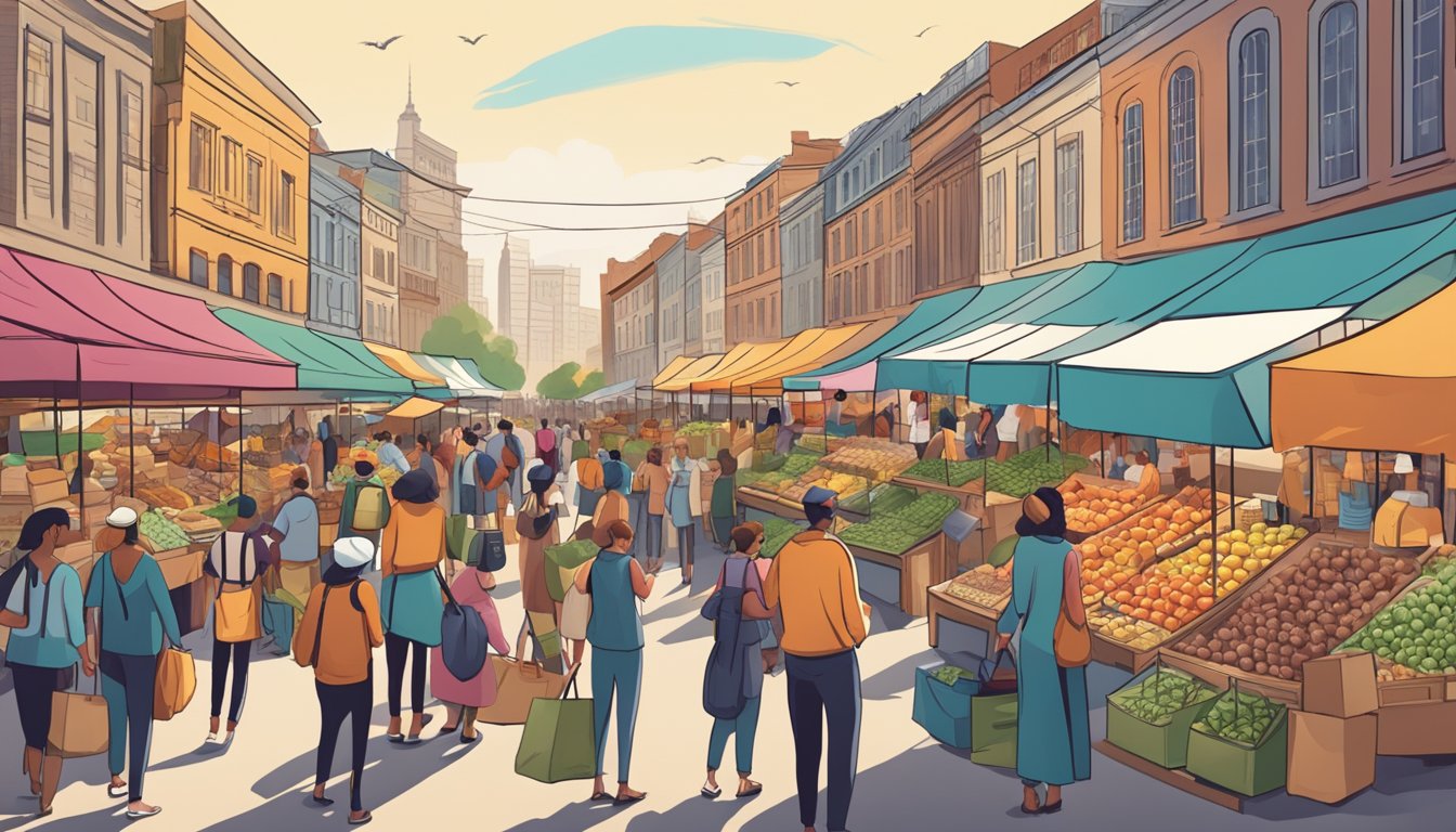 En travel markedsplass med ulike leverandører som viser frem produktene sine og engasjerer seg med potensielle kunder.