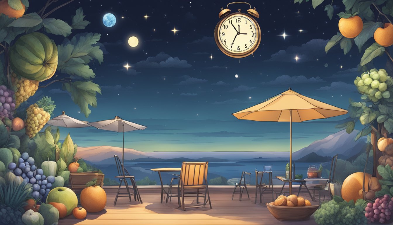 A serene night sky with a clock displaying 7PM and 7AM, surrounded by images of healthy food and exercise equipment