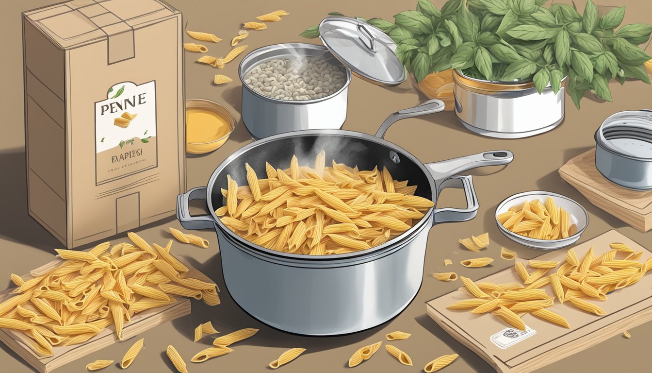 A pot of boiling water with penne pasta inside and a box of various penne brands scattered around