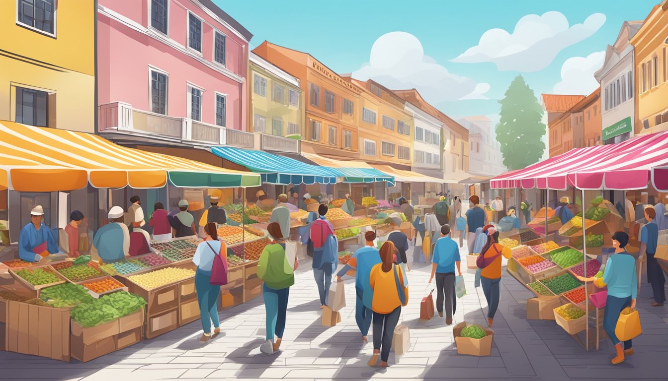 Et travelt marked med fargerike boder og salgsfremmende utstillinger