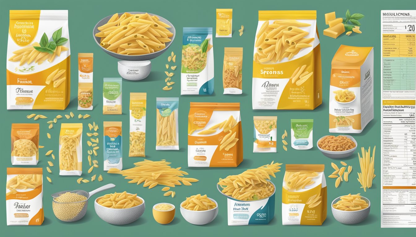 A variety of penne pasta brands displayed next to nutritional information labels and health-related symbols