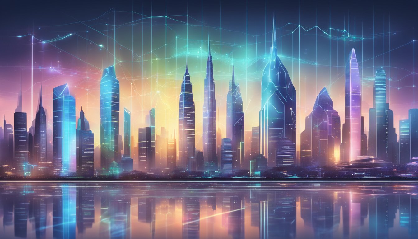 En futuristisk bysilhuett med holografiske forretningsdiagrammer og grafer projisert i luften